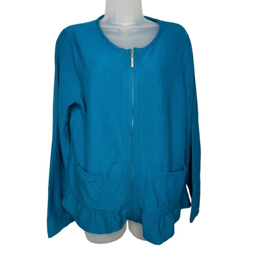 NWT Chico's Ruffle Hem Renee Cardigan Sweater Full Zip WOOL SZ 2 Teal Pockets